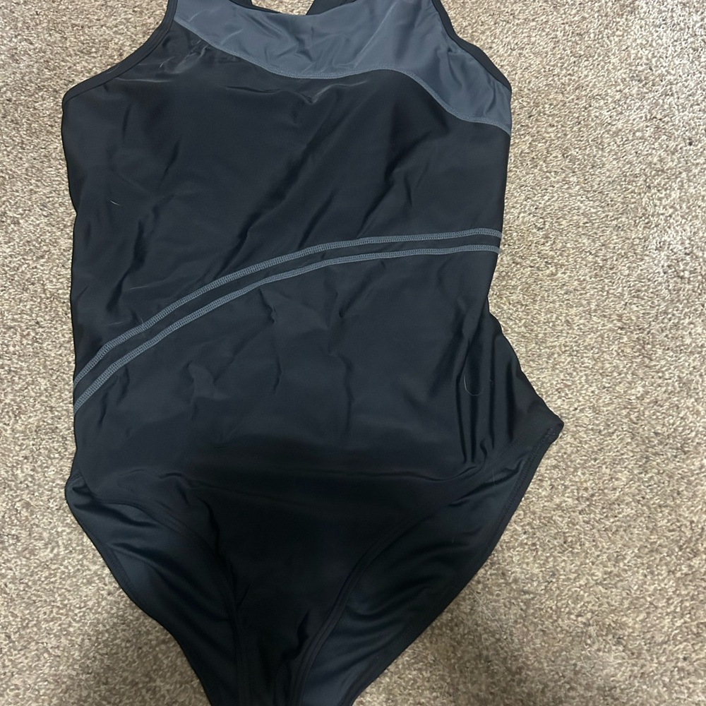Classic Black One-Piece Swimsuit with Gray Accents